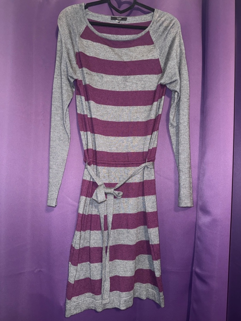 Tart Purple and Gray Striped Long-Sleeve Tie-Waist Dress